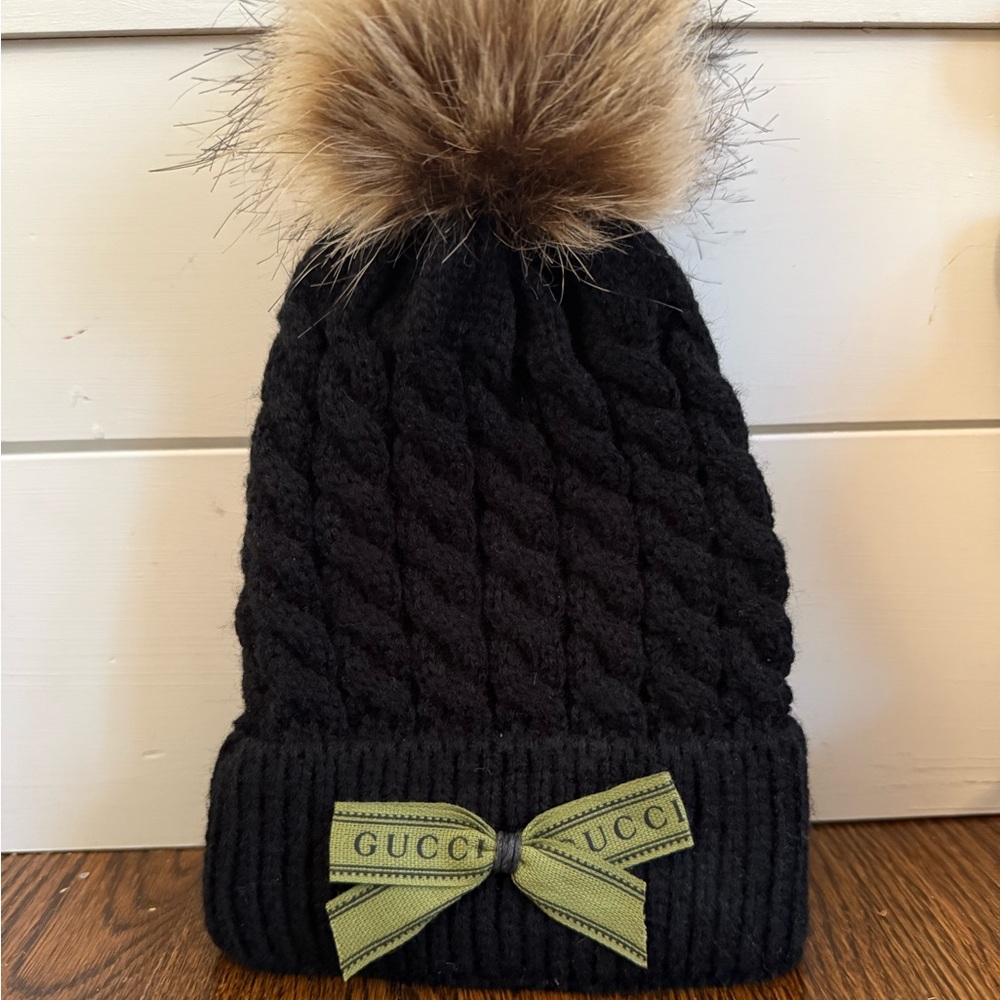 Repurposed Gcci Ribbon Black Knit Pom-Pom Beanie for Babies